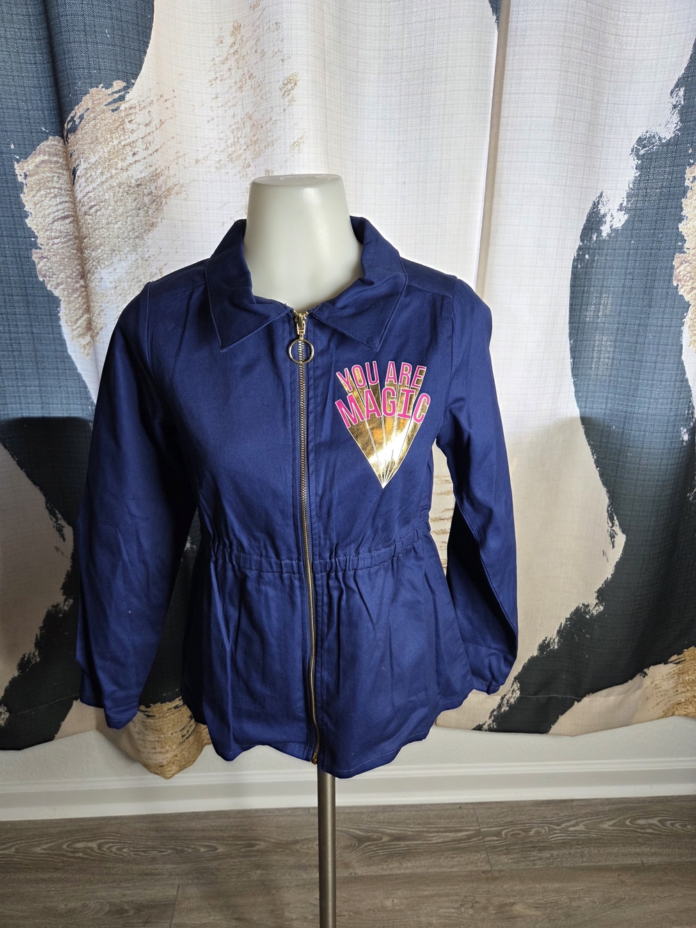 Belle Du Jour Navy Zip-Front Kids Utility Jacket with Foil Graphic